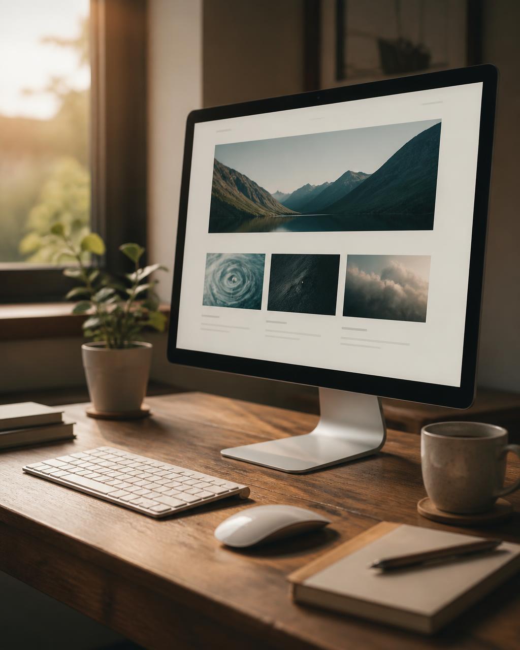 A modern web designer's workspace with a large monitor showing a clean website layout